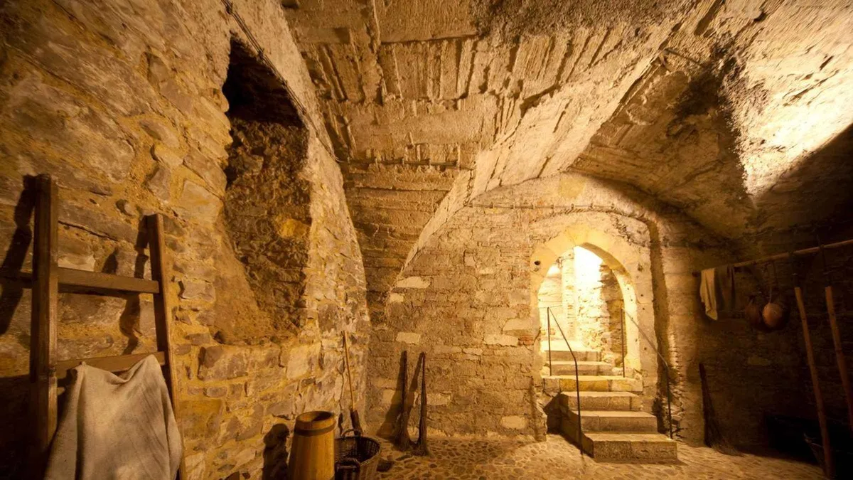 Medieval underground rooms below the Old Town Hall on an underground ghost tour style visit in Prague, Czechia
