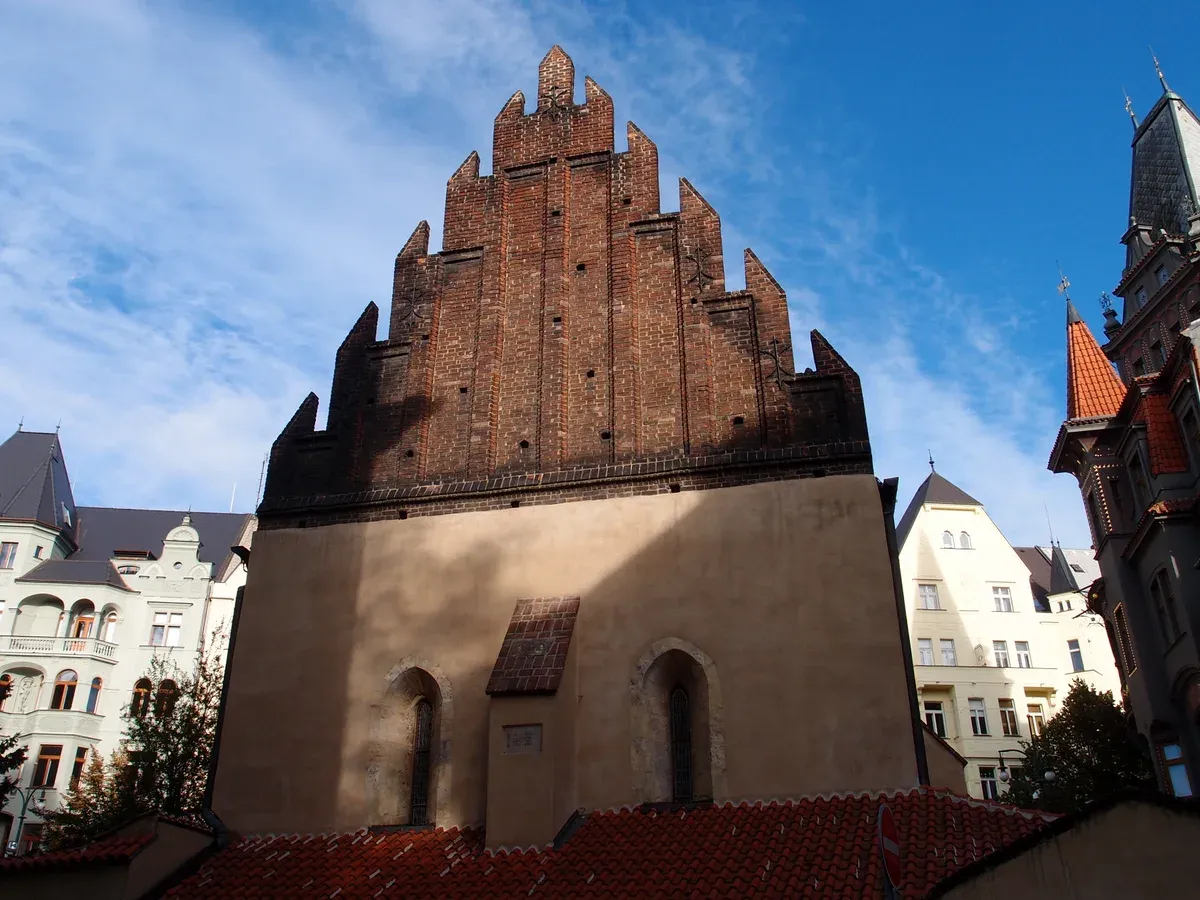 The Gothic gable of the Old New Synagogue in Josefov, where the Golem legend of a Prague ghost tour is set